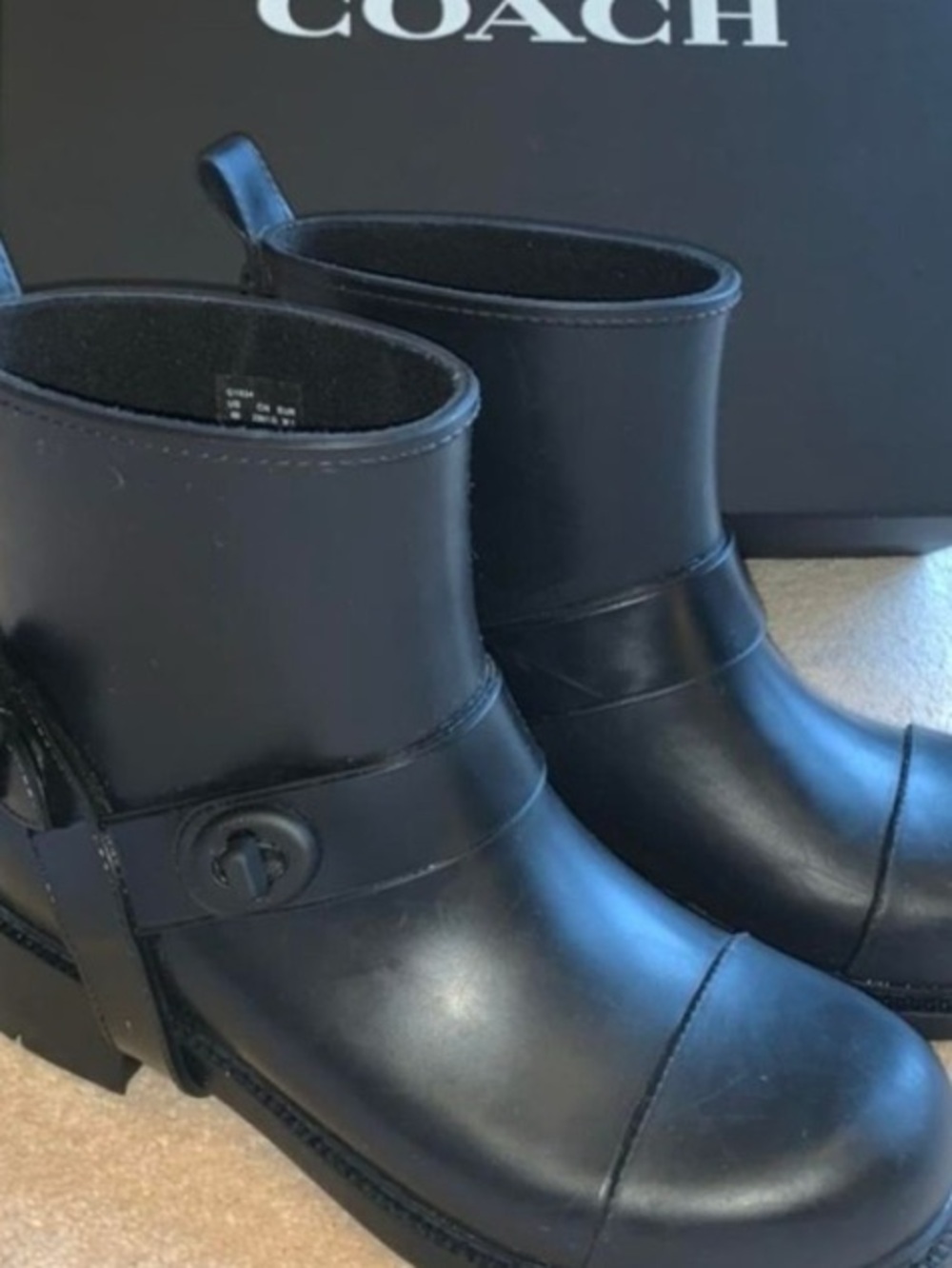 Coach Black moto rubber rain boots slip on rain Ankle Booties GC size 9